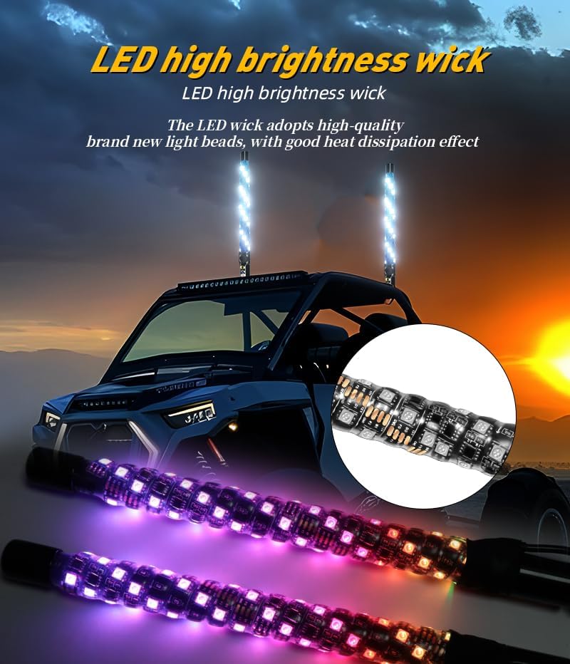 S7 2 Pack 1FT Whip Lights, LED Whip Light with App & Remote Control, Spiral RGB Chasing Lighted Antenna Whips,Whip Light for UTV ATV RZR SXS Can-Am Dune Buggy Offroad Truck (1ft) - Image 4
